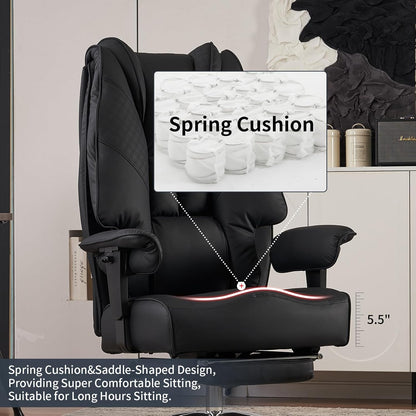 Big and Tall Office Chair 400lbs Wide Seat, Leather High Back Executive Office Chair with Foot Rest, Ergonomic Chairs Lumbar Support for Lower Back Pain Relief (Black)