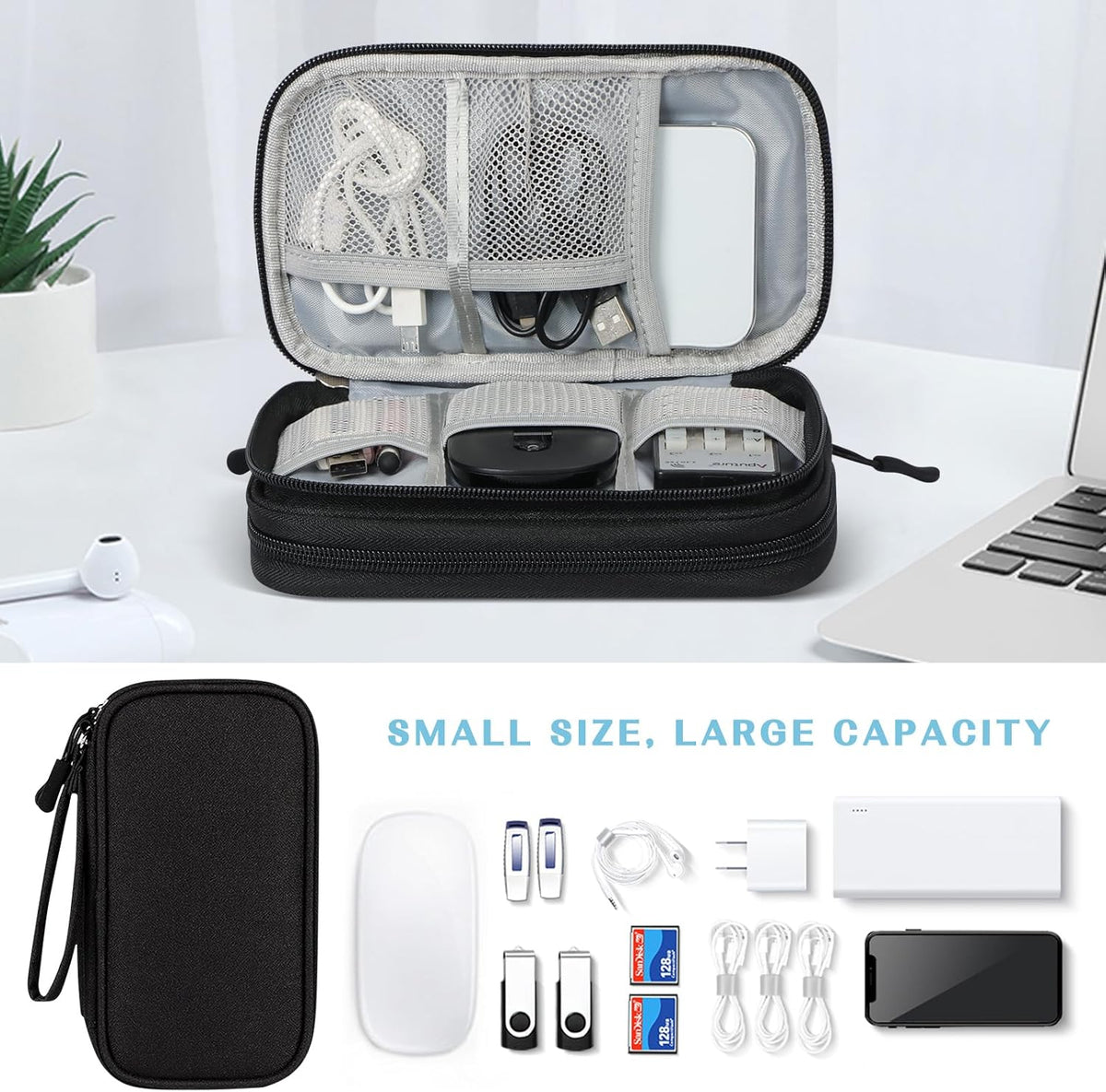 FYY Travel Cable Organizer Pouch Electronic Accessories Carry Case Portable Waterproof Double Layers All-in-One Storage Bag for Cord, Charger, Phone, Earphone Black