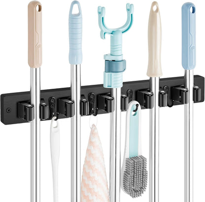 Mop and Broom Holder Wall Mount - Rustic Wood Broom Mop Hanger - Wall Mounted Garden Tool Rack Organizer for Closet Garage Laundry Room Kitchen Decor With 4 Slots & 4 Hooks - Rayz Mart