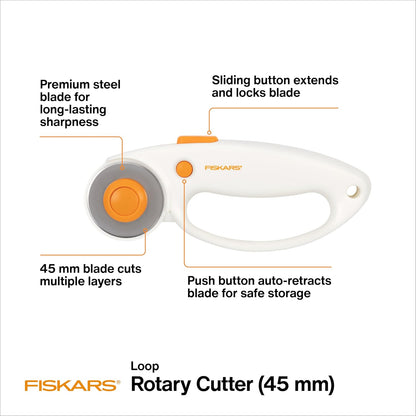 Fiskars 45mm Rotary Cutter for Fabric with Ergonomic Loop Grip, Premium Steel Rotary Fabric Cutter Blade for Precise Cuts, Arts and Crafts, Sewing Supplies and Quilting Tools
