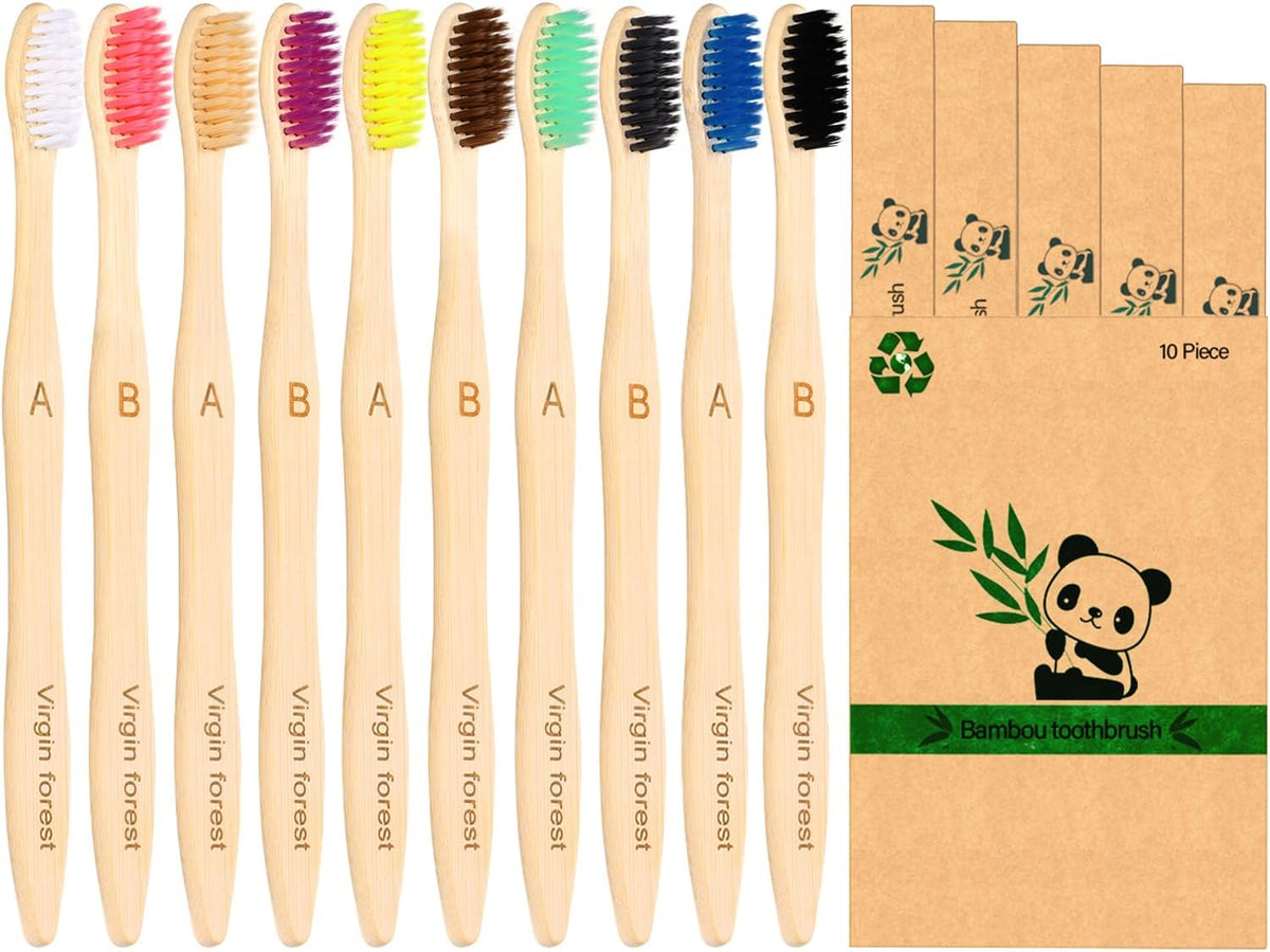 Virgin Forest 10 Count Bamboo Toothbrush, Soft Bristle for Adults, Eco Friendly Natural Wooden Toothbrushes, Vegan Organic Bamboo Travel Tooth Brush (10 Colors)
