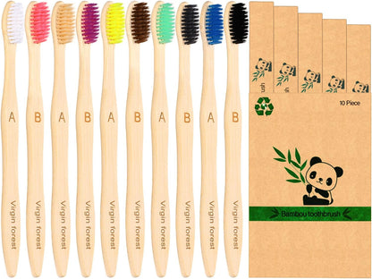 Virgin Forest 10 Count Bamboo Toothbrush, Soft Bristle for Adults, Eco Friendly Natural Wooden Toothbrushes, Vegan Organic Bamboo Travel Tooth Brush (10 Colors)