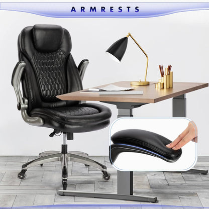 Executive Office Chair-Ergonomic Computer Desk Chair, High Back Leather Chair with Padded Flip-up Arms, Swivel Home Office Chair Upgraded Caster-Black