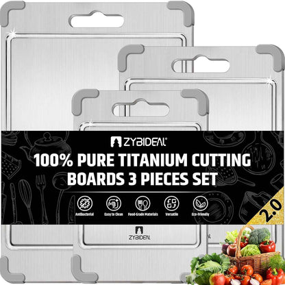 100% Pure Titanium Cutting Board Set with Grooves, Double Sided, Anti-Slip, Kitchen Stainless