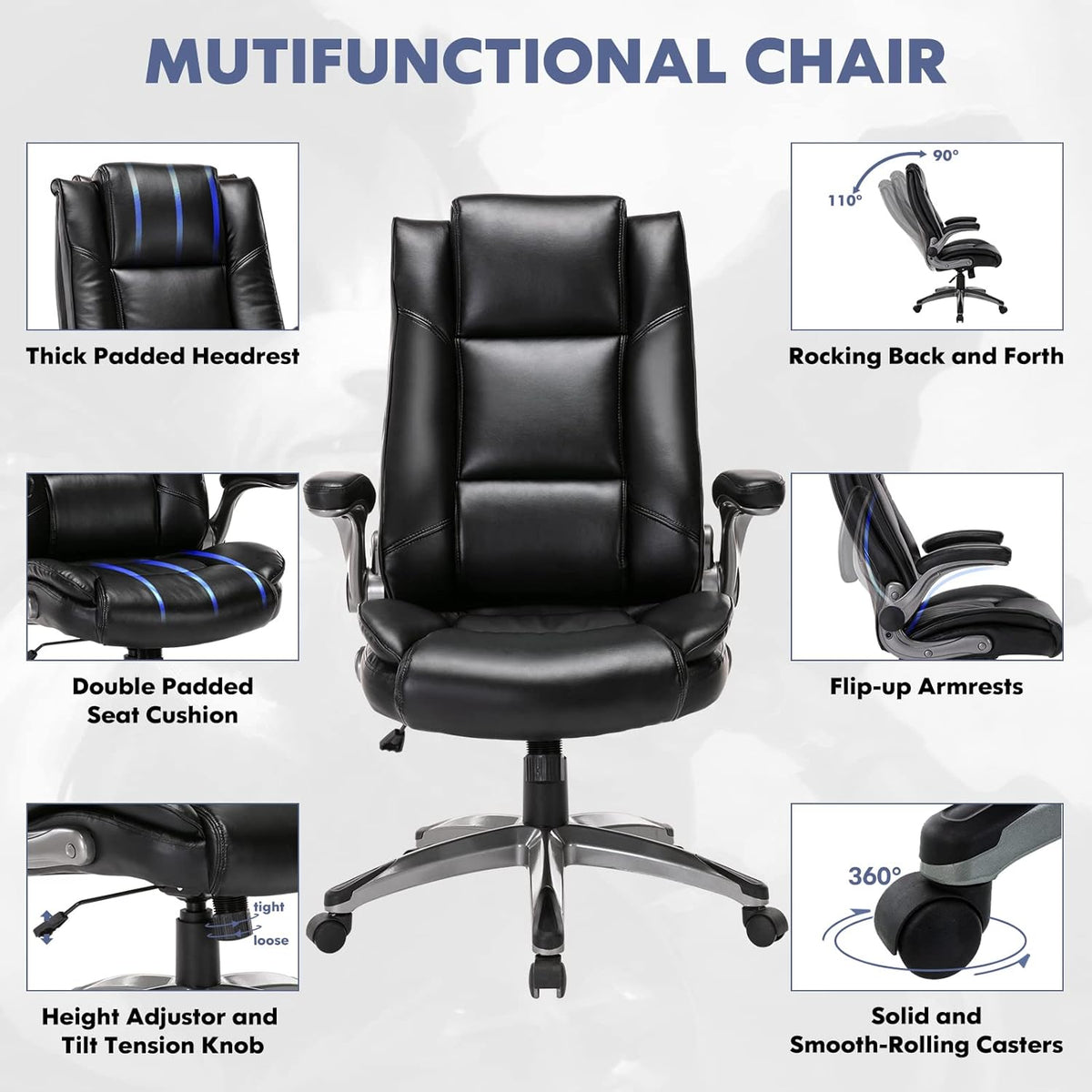 COLAMY Leather Executive Office Chair - High Back Home Computer Desk Chair with Padded Flip-up Arms, Adjustable Tilt Lock, Swivel Rolling Ergonomic Chair for Adult Working Study, Black