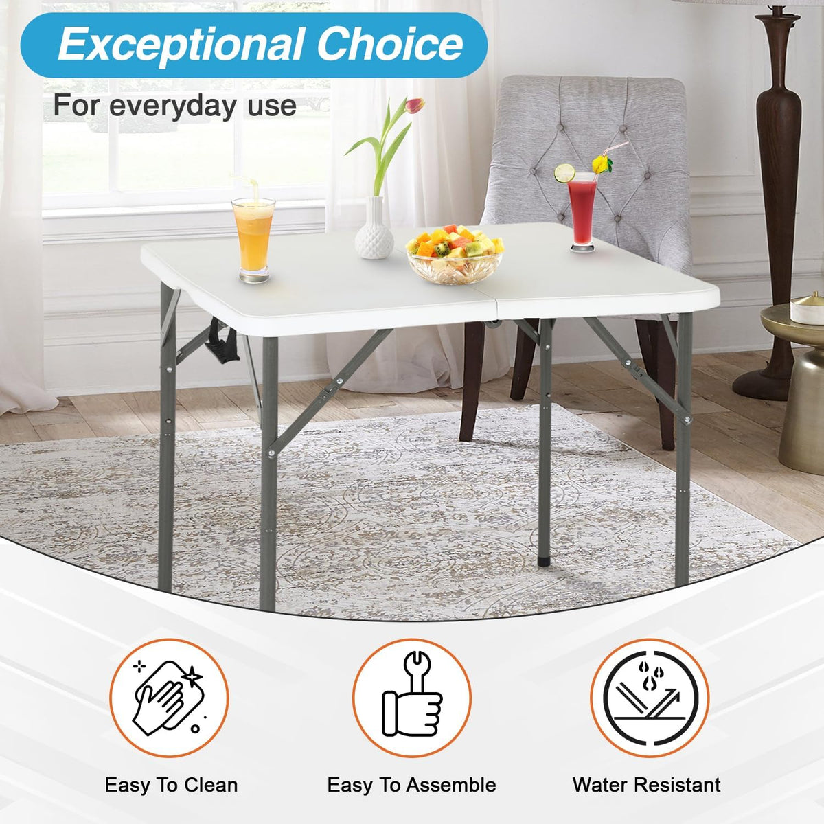 FDW 34" Folding Card Table Plastic Table Portable Square Height Dining Table Perfect for Party and Parties Backyard Events, White