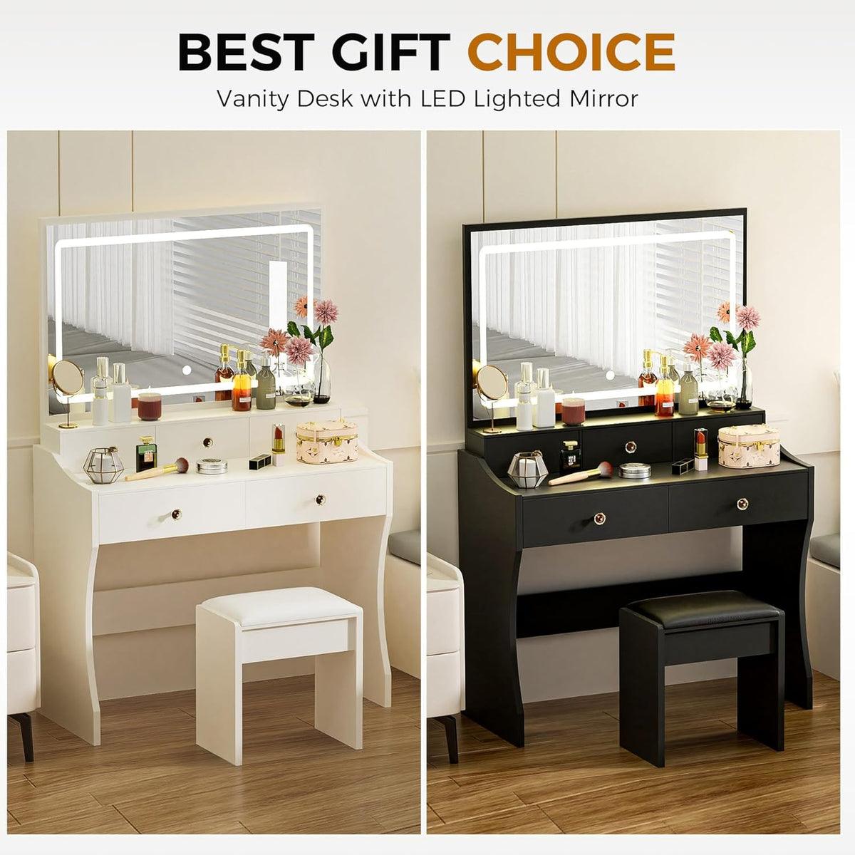 COMHOMA Makeup Vanity Desk with Mirror and Lights, Vanity Table and Chair Set with 5 Drawers and Charging Station, Bedroom Dresser LED Mirror Stepless Dimmable & 3 Color Modes Adjustable, White