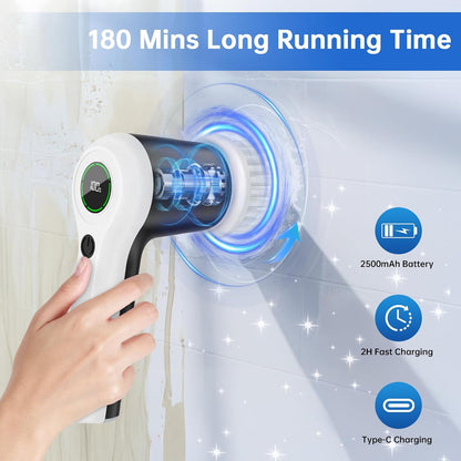 Electric Spin Scrubber, Cordless Shower Scrubber with Battery Level Display, 2 Speeds Electric Scrubber for Cleaning with 6 Replaceable Heads, Cleaning Brush for Bathroom/Sink/Window