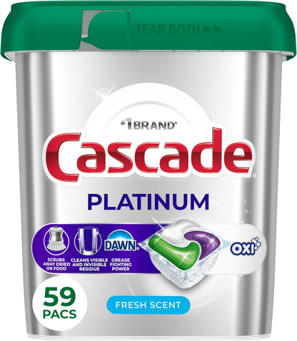 Cascade Platinum + Oxi Dishwasher Pods, Dishwasher Detergent, Dish Detergent Soap, Fresh, 59 Count