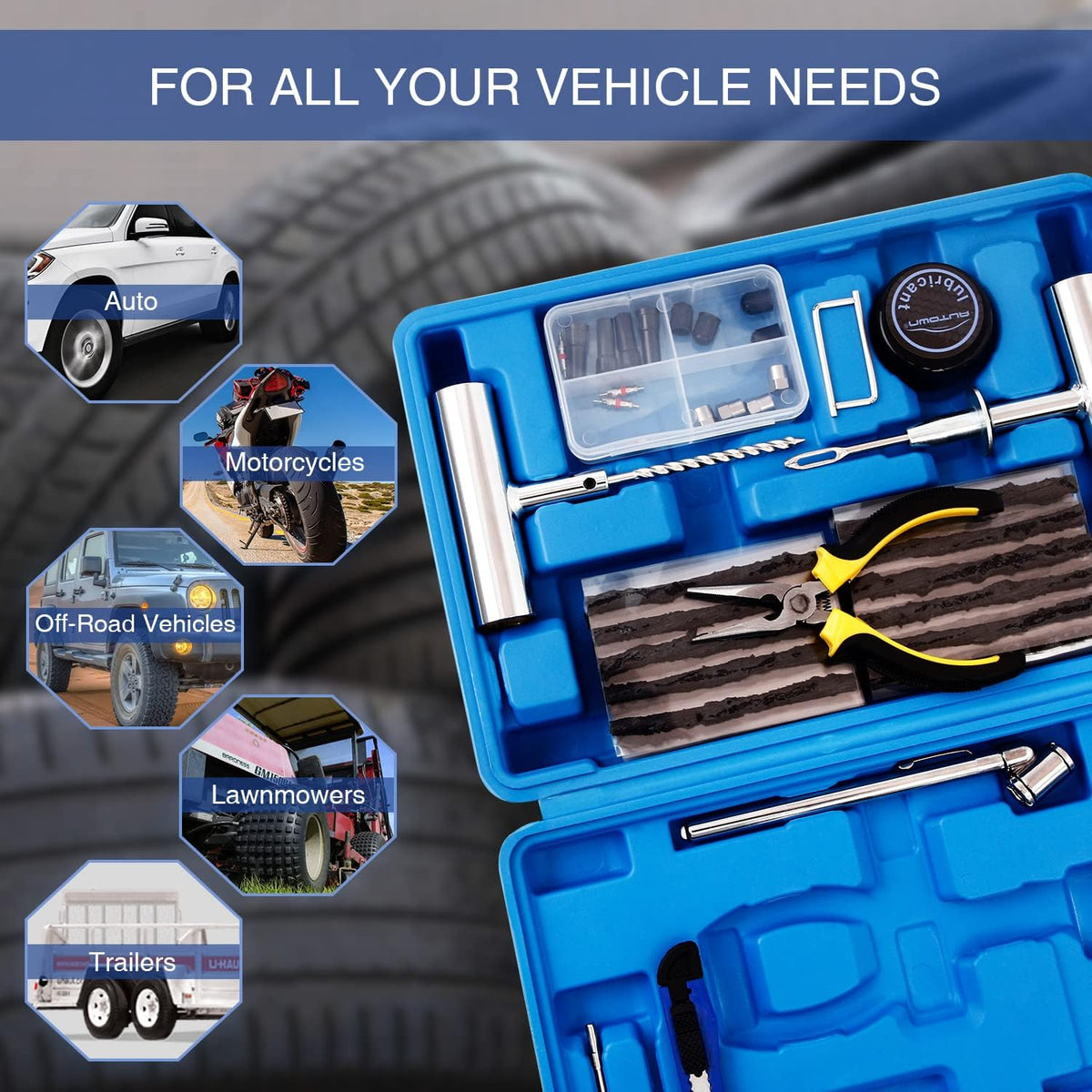 Tire Repair Kit - 68pcs Heavy Duty Tire Plug Kit, Universal Tire Repair Tools to Fix Punctures and Plug Flats Patch Kit for car Motorcycle, Truck, ARB，ATV, Tractor, RV, SUV, Trailer