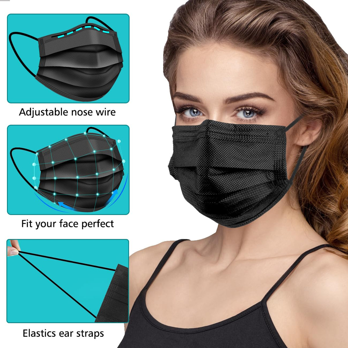 100 PCS Disposable Face Masks, Black Disposable Masks, 3 Ply Protection Face Masks