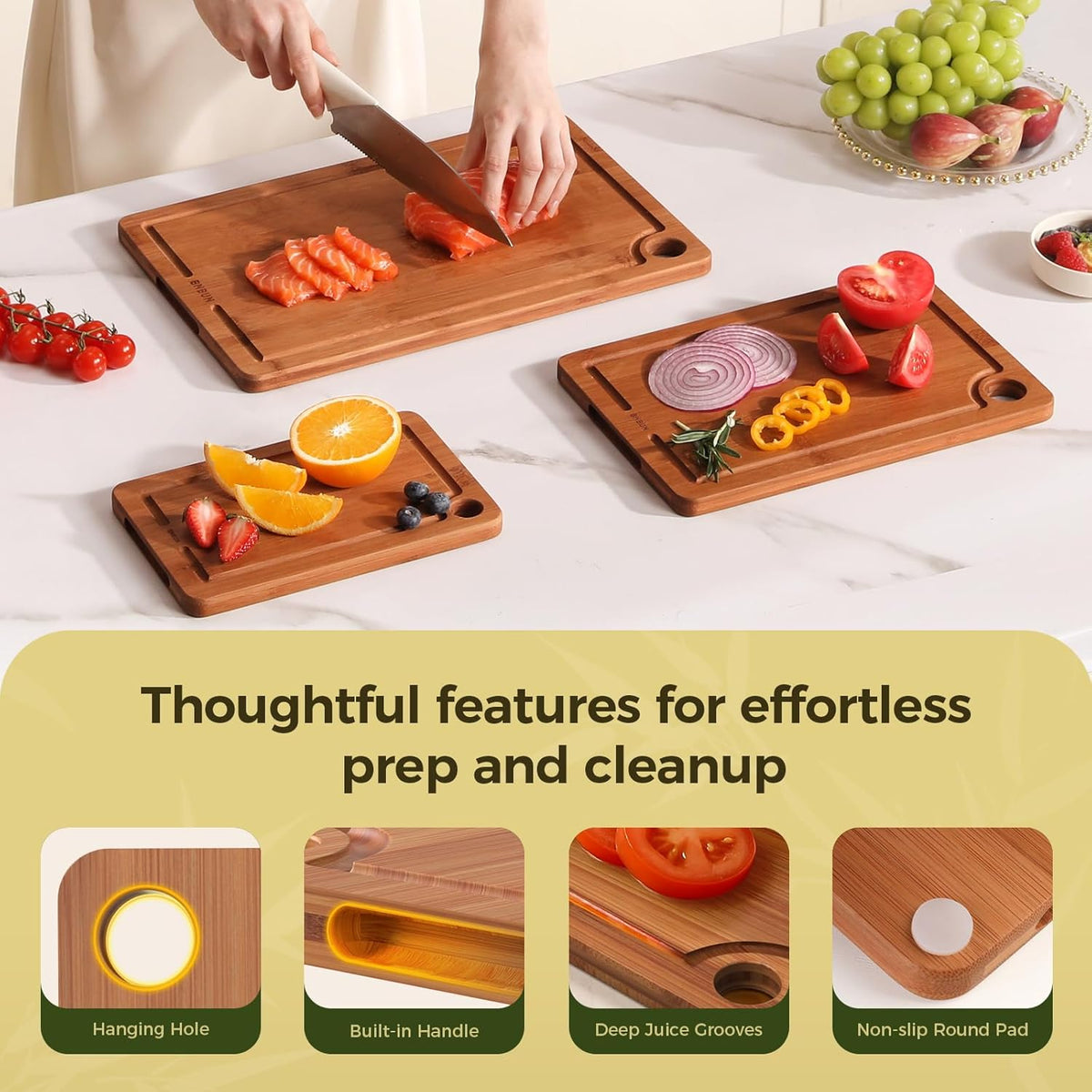 Bamboo Cutting Board for Kitchen, 3-Piece Set with Juice Grooves, Side Handles & Non-Slip Mats – Durable Bamboo Chopping Board for Meat, Vegetables and Fruits