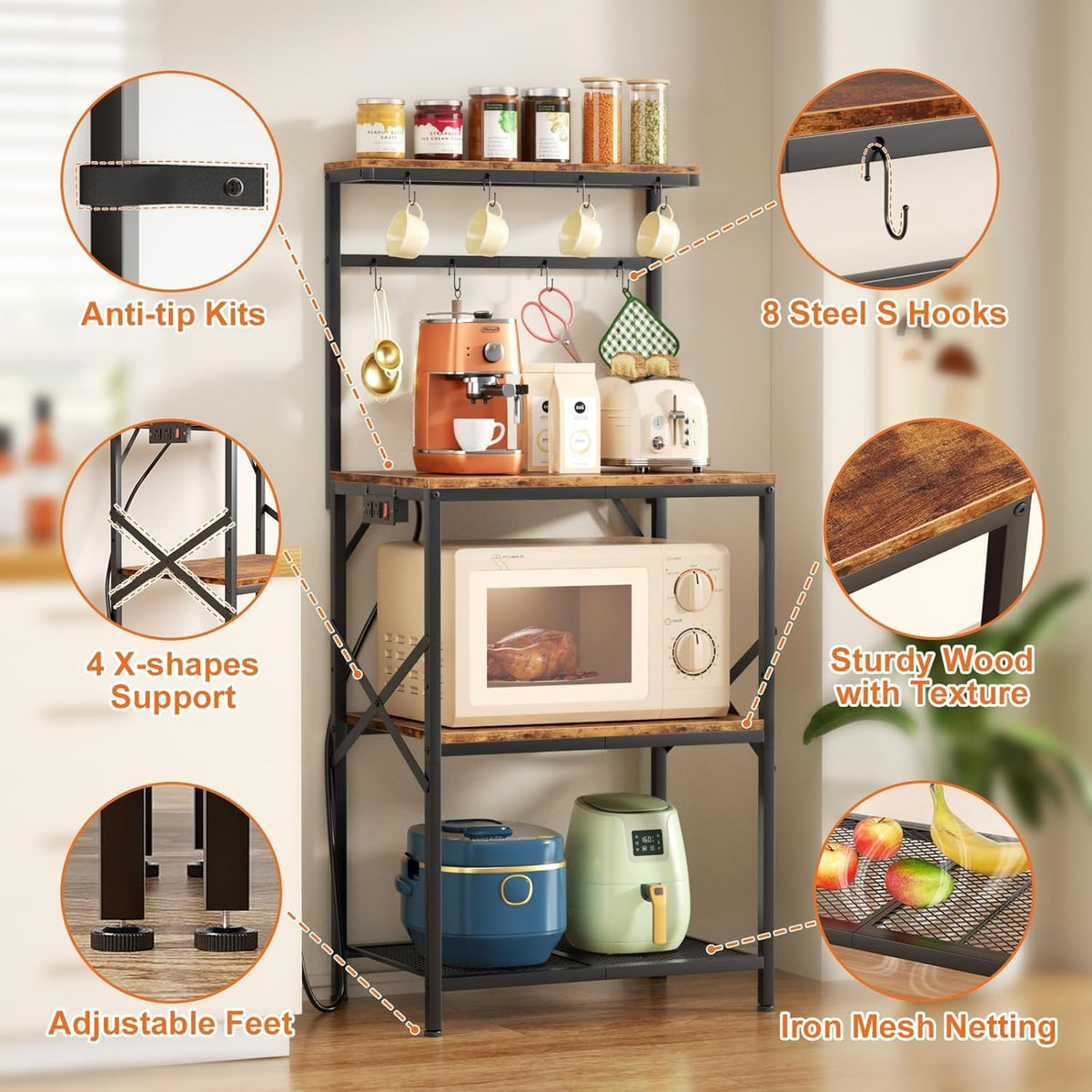 Kitchen Bakers Rack with Power Outlet, Small Coffee Bar Cart 4 Tiers, Microwave Stand Station with 8 S Hooks, Adjustable Shelf, Freestanding Kitchen Appliance Organizer, Rustic Brown