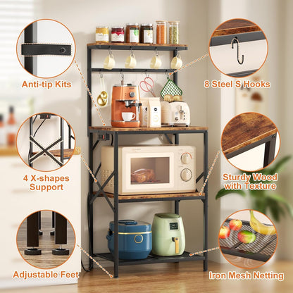 Kitchen Bakers Rack with Power Outlet, Small Coffee Bar Cart 4 Tiers, Microwave Stand Station with 8 S Hooks, Adjustable Shelf, Freestanding Kitchen Appliance Organizer, Rustic Brown