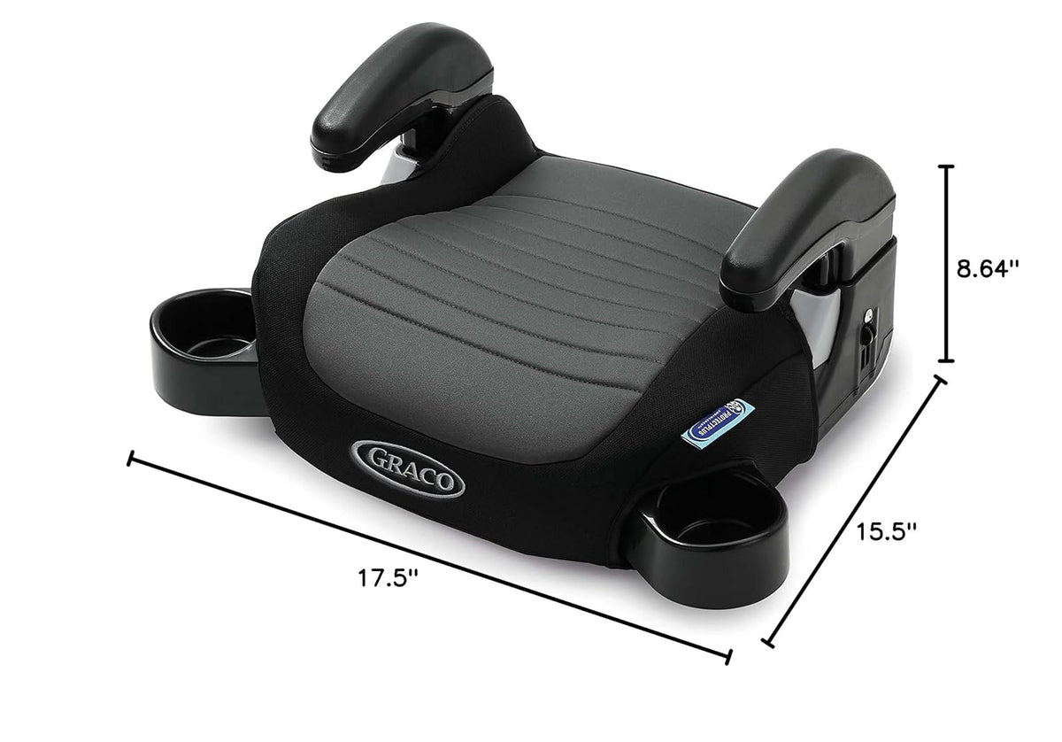 Black Graco car seat booster with dimensions on a white background