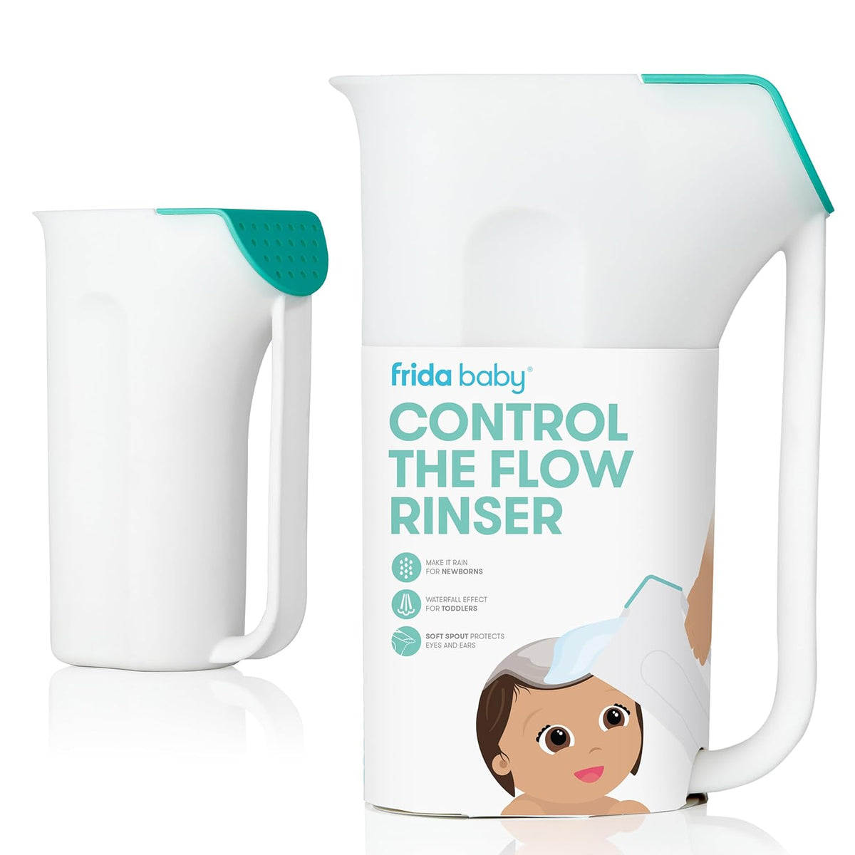 Frida Baby Control The Flow Bath Rinse Cup, Tear Free Rinser to Wash Hair and Body with Easy Grip Handle and Removable Rain Shower, Made in USA