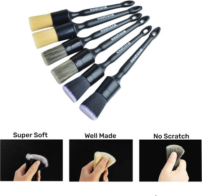 6pcs car detailing brush set with boar's hair, ultra soft, and multi-color detailing brushes for interior and exterior cleaning