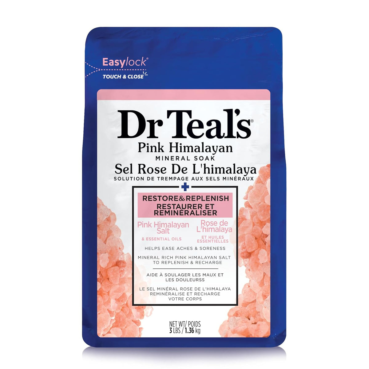 Dr Teal's Epsom Salt Magnesium Soak, Restore & Replenish with Pink Himalayan Salt, 3 lbs