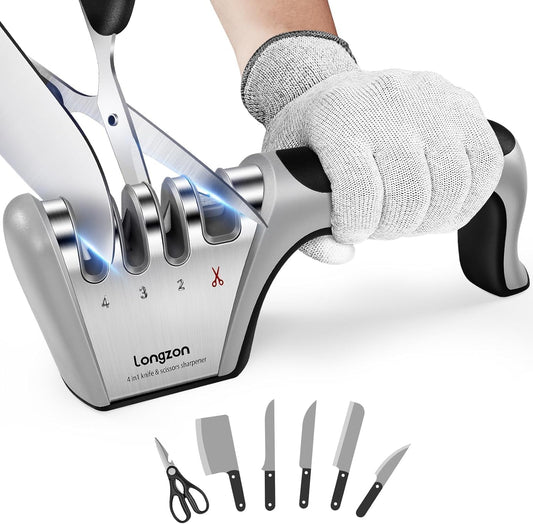 Longzon 4-in-1 Knife Sharpener [4 Stage] with a Pair of Cut-Resistant Glove, Original Premium Polish Blades, Best Kitchen Knife Sharpener Really Works for Fruit Knife and Steel Knives, Scissors