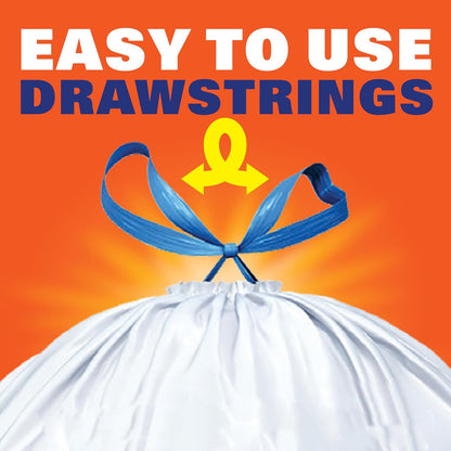 Hefty Strong White 13 Gallon Trash Bags with Drawstrings, Unscented Tall Kitchen Trash Bags, Resists Leaks, Punctures, and Tears, Durable Closure, 120 Ct.