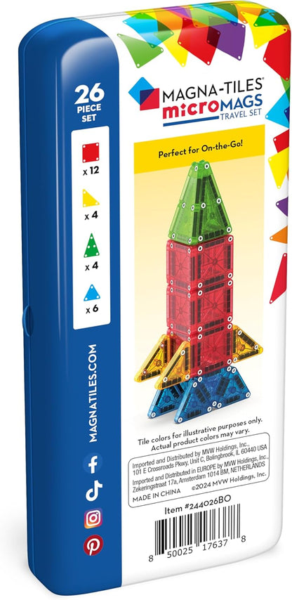 MAGNA-TILES microMAGS 26-Piece Travel Magnetic Construction Set – Bold Colors, The Original Magnetic Building Brand