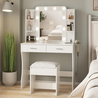 Vabches Vanity Desk with Lights,Makeup Vanity with Power Strip,Dressing Table Set with 2 Large Drawers,Vanity Mirror 3 Lighting Color Adjustable,White