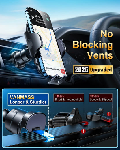 [2025 True Military-Grade] Car Phone Holder VANMASS [Upgraded Strongest Suction & Clip] Cell Phone Mount for Dashboard Windshield Vent Wall,Truck Cradle Stand for iPhone 17 Pro Max 16 15 14 13 Android