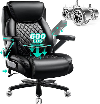 600LBS Large Heavy Duty Office Chair with 5D Flip Arms,Comfy Big and Tall Executive Office Desk Chair with Pocket Spring Cushion,High Back Computer Chair with Lumbar Support,Dual Rubber Wheel