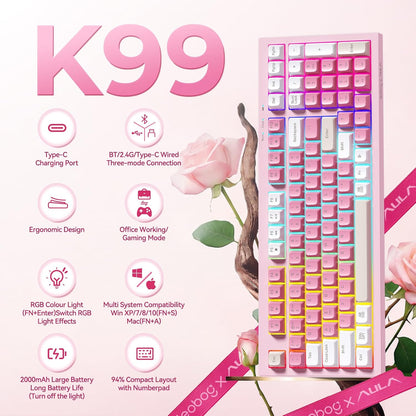 LEOBOG x Aula Gaming Keyboard, Wireless Creamy Keyboard, Bluetooth Computer Keyboards Ergonomic Pink Keyboard Full Size with Number Pad Light Up RGB Backlit Tri-Mode BT/2.4GHz/USB-C - K99