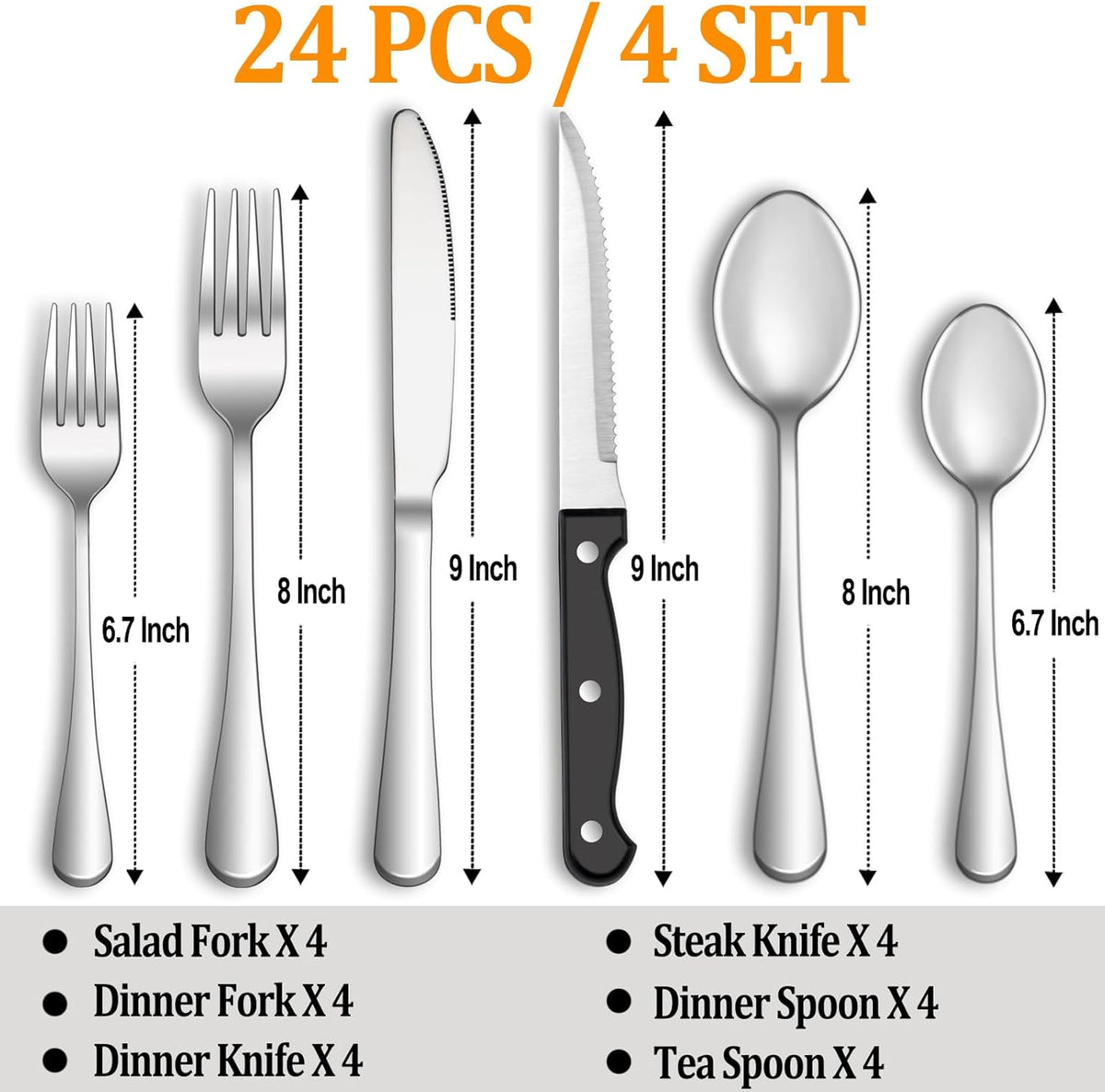 MUTNITT Silverware Set with Steak Knives Service for 4,Stainless Steel Flatware, Mirror Polished Cutlery Utensil Set for Home Kitchen Eating Tableware, Include Fork Knife Spoon, Dishwasher Safe