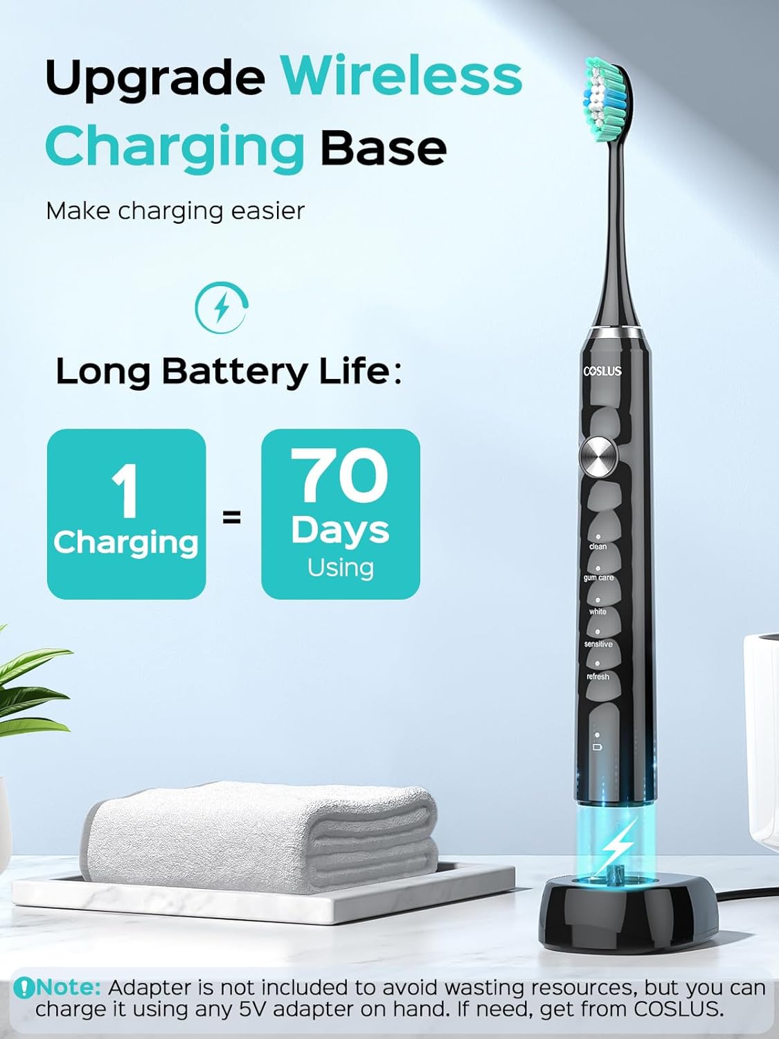 COSLUS Sonic Electric Toothbrush for Adults: 47000 VPM for Deep Cleaning & Whitening with Travel Case - 5 Modes for Sensitive Teeth & Braces, Wireless Charging, 6 Brush Heads for Home Family, Black