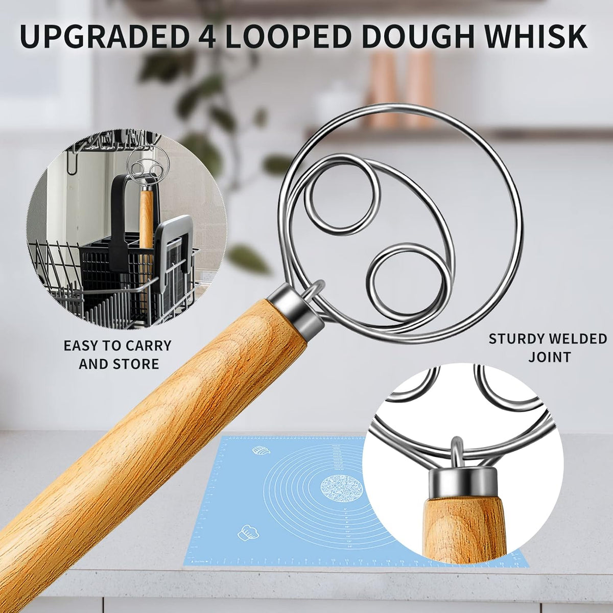 TEEVEA Danish Dough Whisk Stainless Steel Dough Hook Dutch Whisk for Sourdough Bread Dough Mixer Hand Wooden Handle Kitchen Whisking Mixing Tool Bread Making Tools and Supplies