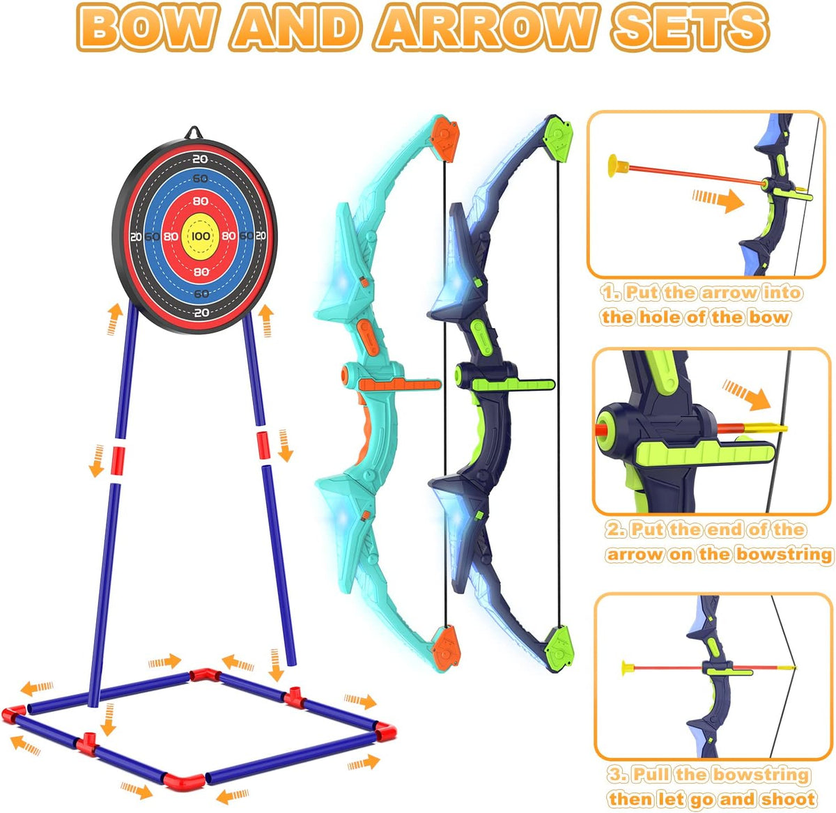 2 Pack Kids Bow and Arrow Set with LED Flash Lights, 14 Suction Cup Arrows and Fluorescence Standing Target-Perfect Indoor and Outdoor Game Archery Set Toy Gift for 4 5 6 7 8-12 Year Old Boys