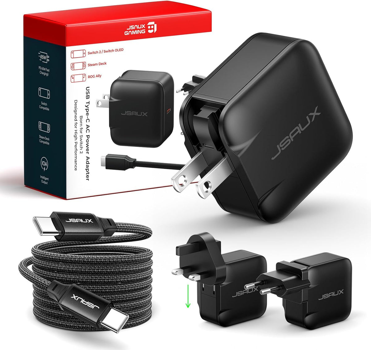 JSAUX 65W GaN USB C Charger for Nintendo Switch 2, Powers in TV Mode, with EU/UK Plug & 6.6FT Cable for ROG Xbox Ally, Steam Deck, ROG Ally, iPhone 17e/17, Galaxy S26, Tablet & Laptop – Black