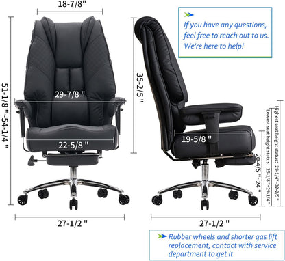 Big and Tall Office Chair 400lbs Wide Seat, Leather High Back Executive Office Chair with Foot Rest, Ergonomic Chairs Lumbar Support for Lower Back Pain Relief (Black)