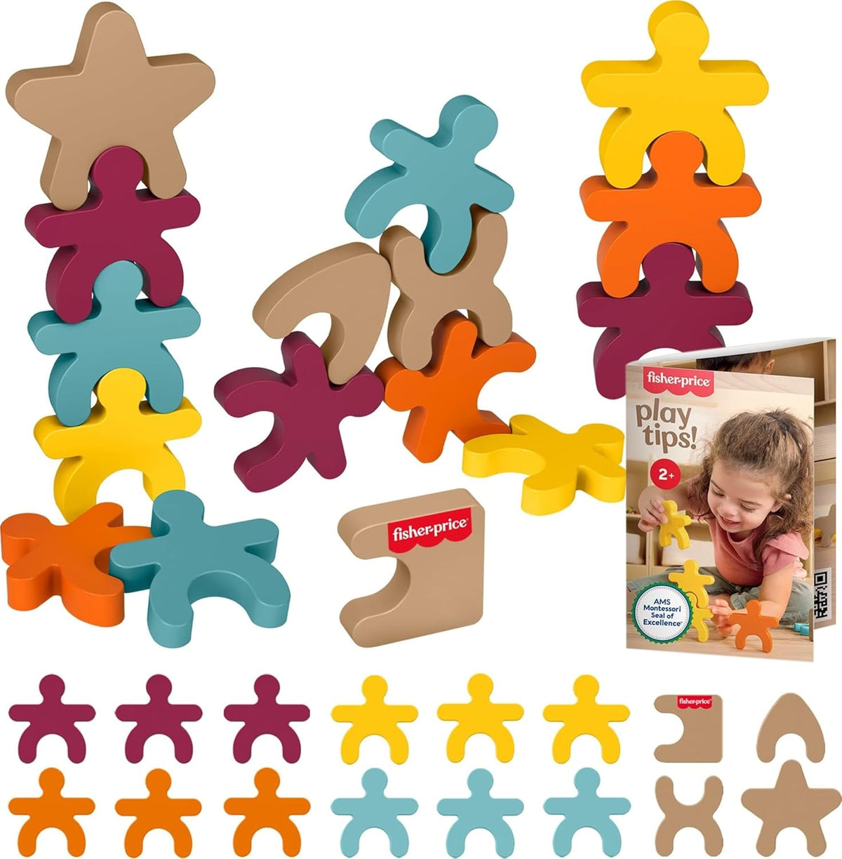 Fisher-Price Wood Montessori Toy Stacking Shapes, American Montessori Society Seal of Excellence, 16-Piece Wooden Learning Activity & Expert Play Tips for Kids Ages 2+ Years