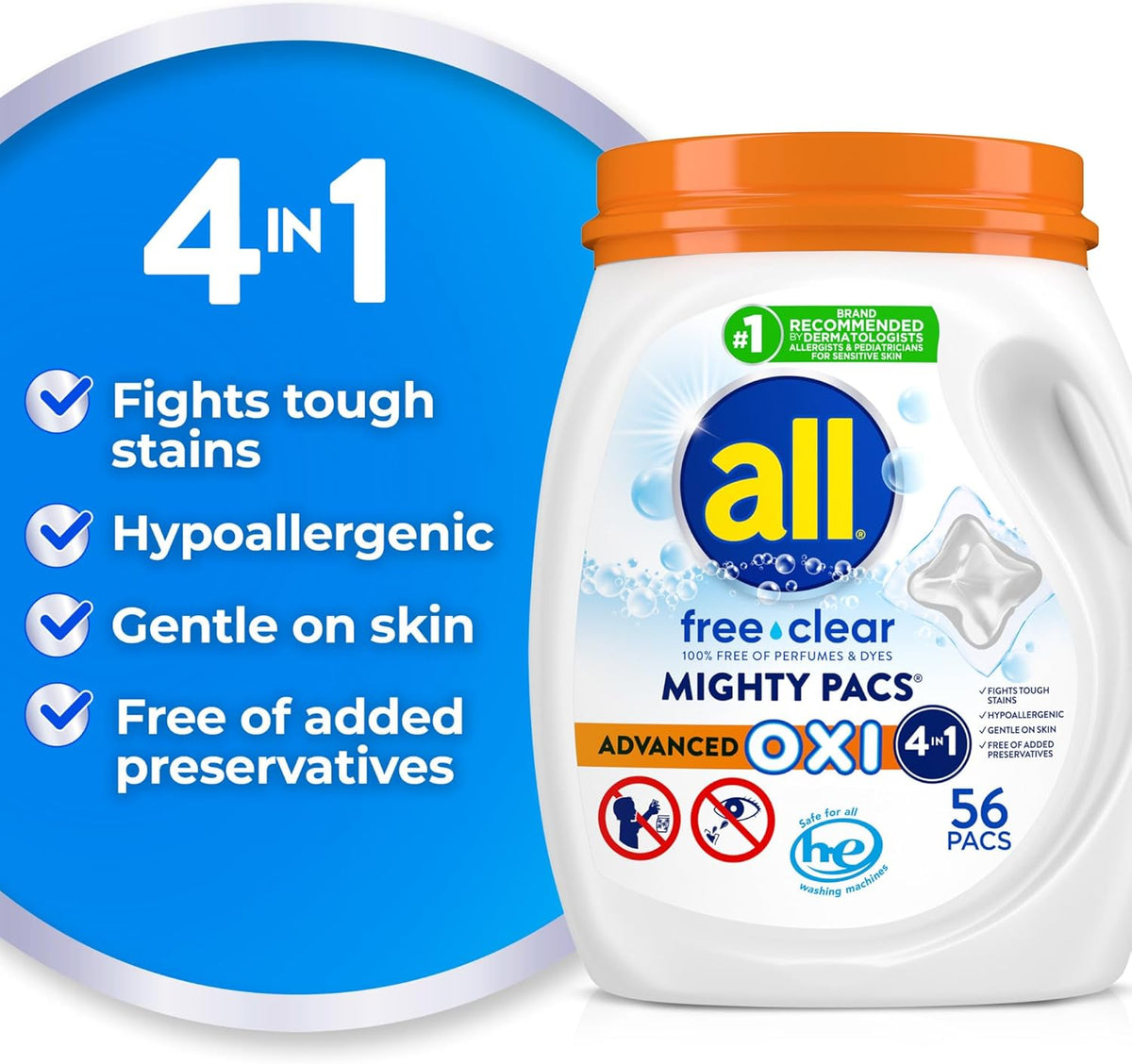 All Laundry Detergent Pacs, Mighty Pacs with OXI Stain Removers and Whiteners, Free Clear, Unscented and Dye Free, 56 Count