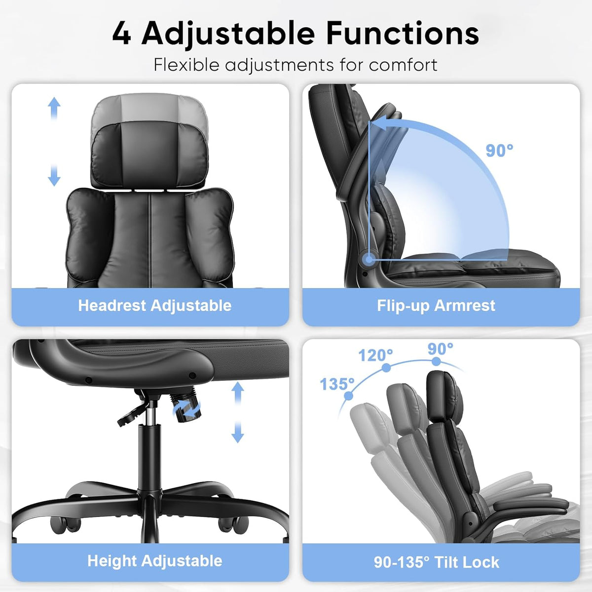 Executive Leather Office Chair, Computer Chair with Thick Cushion & Lumbar Support, Ergonomic Desk Chair with Adjustable Headrest & Armrests,Black