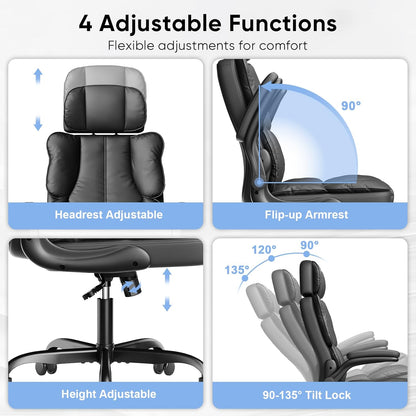 Executive Leather Office Chair, Computer Chair with Thick Cushion & Lumbar Support, Ergonomic Desk Chair with Adjustable Headrest & Armrests,Black