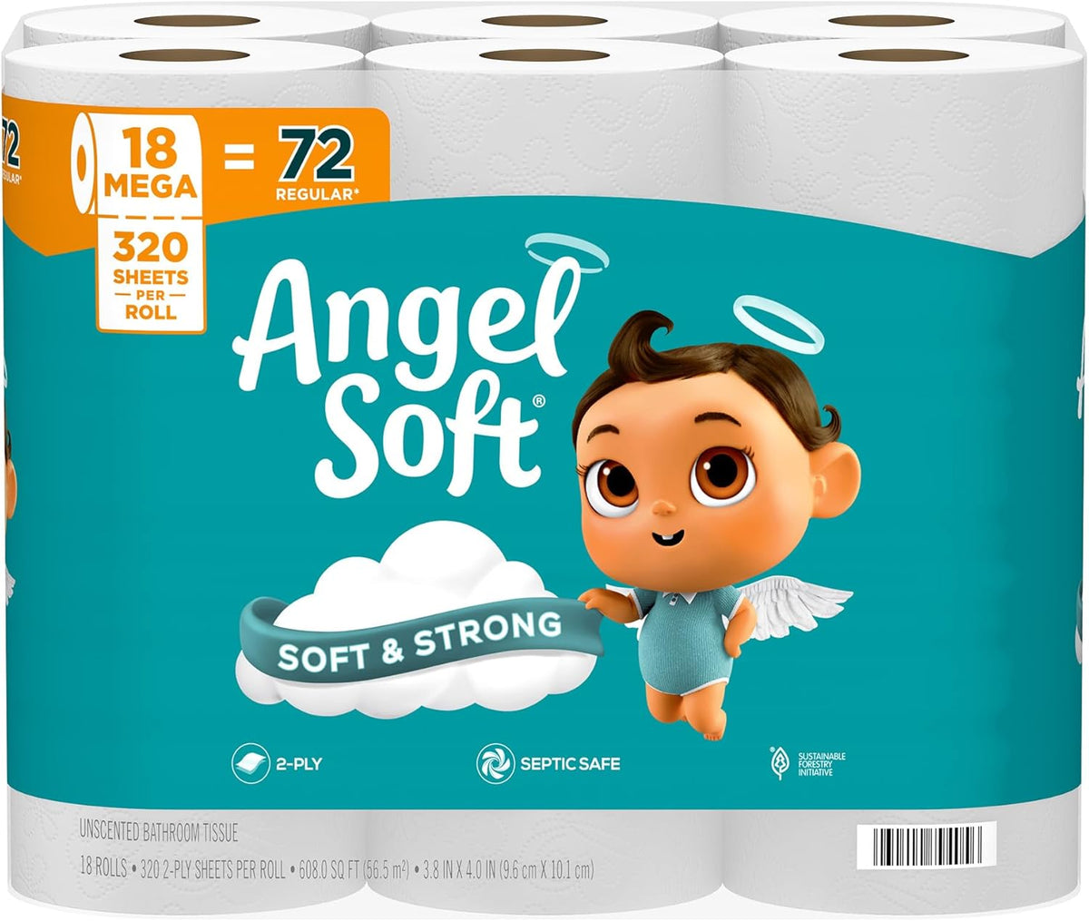 Angel Soft Toilet Paper, 18 Mega Rolls = 72 Regular Rolls, Soft and Strong Toilet Tissue