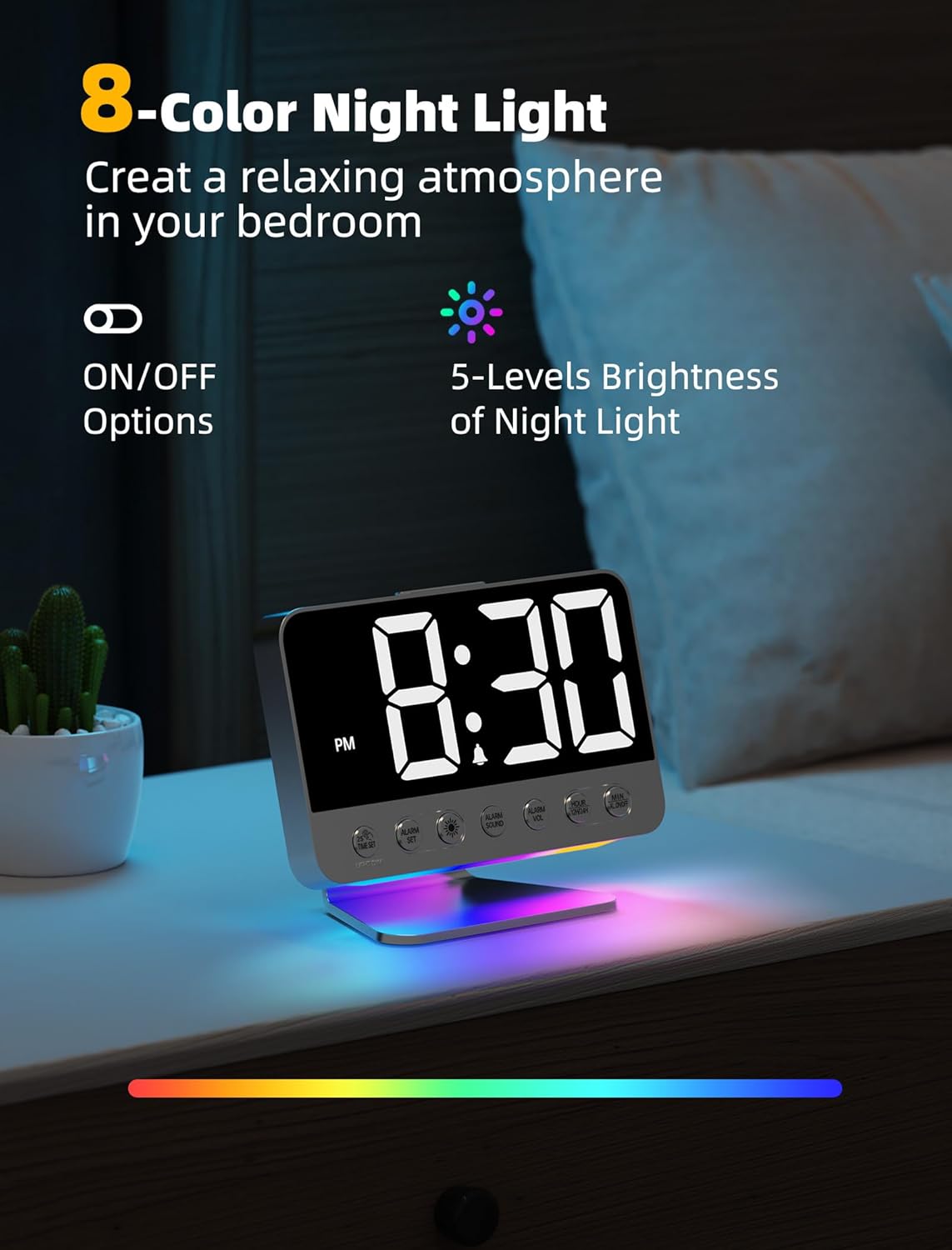 Digital Alarm Clocks for Bedrooms: Large Bold Number 5 Brightness Dimmer - Easy to Read Across The Room - 5 Alarm Sound 8 Night Light - Silver