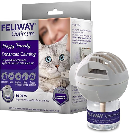 FELIWAY Optimum 30-Day Cat Calming Plug in Pheromone Diffuser Starter Kit, 48ml - Helps Reduce Common Signs of Stress in Cats & Kittens, Enhanced Calming