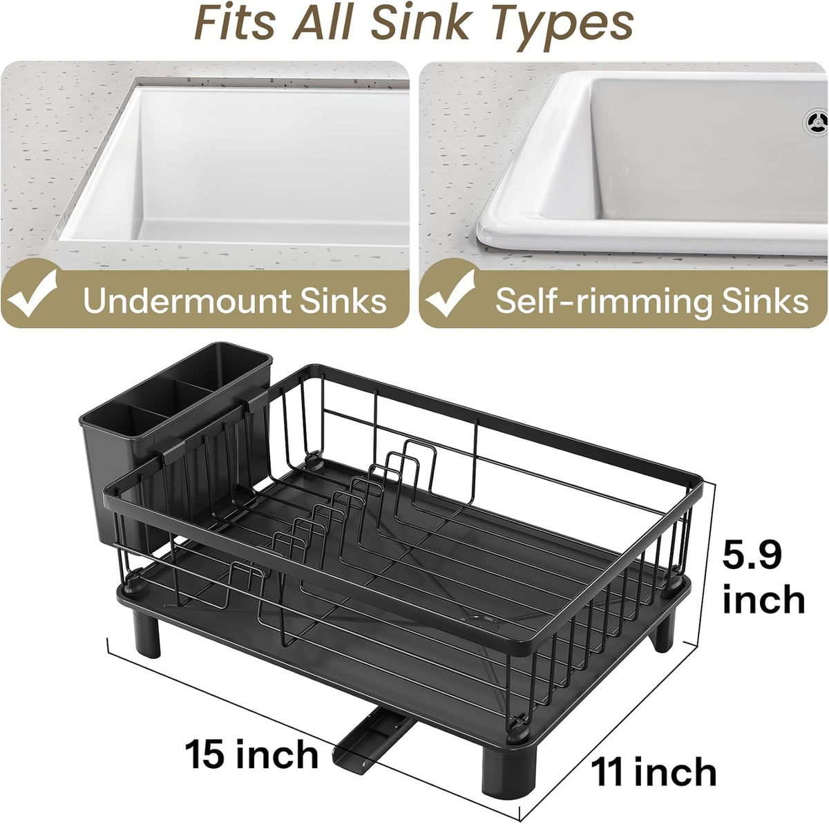 SNTD Dish Drying Rack - Small Dish Rack for Kitchen Counter, Stainless Steel Dish Drainer with Utensil Holder and Drainboard, 11" W x 15" L (Black)