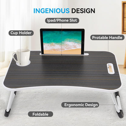 BUYIFY Folding Lap Desk, 23 Inch Portable Wood Black Laptop Bed Desk Lap Desk with Cup Holder, for Working Reading Writing, Eating, Watching Movies for Bed Sofa Couch Floor