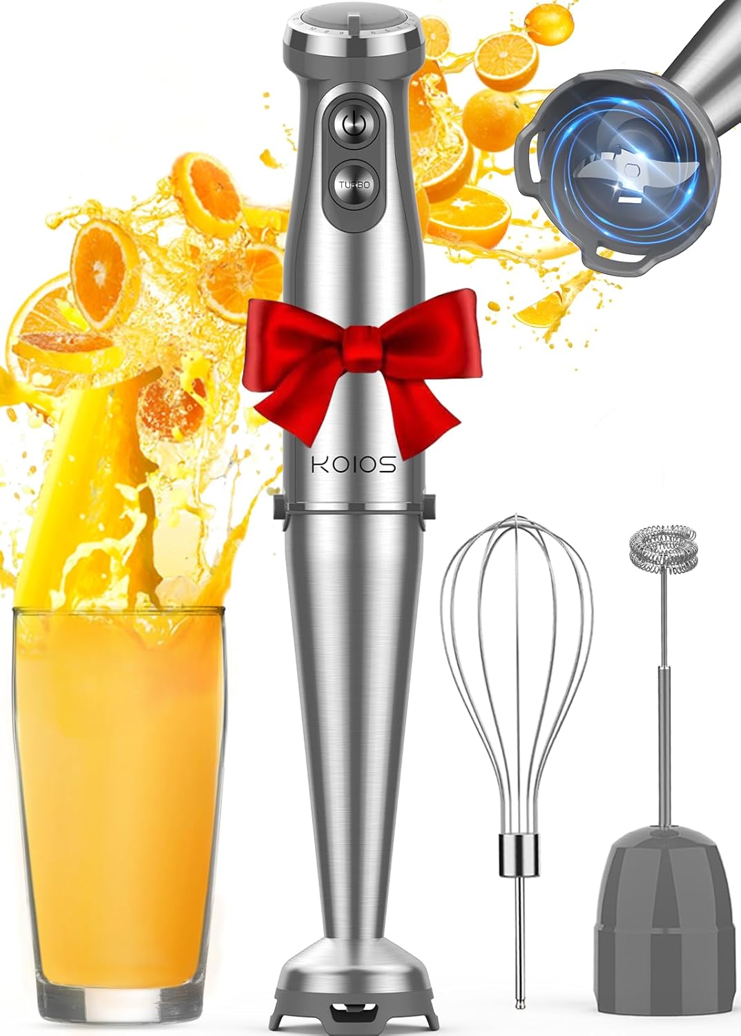 KOIOS Immersion Blender, 1000W Anti-scratch 3-in-1 Hand Blender, Upgraded 12 Speed Stainless Steel Blade Stick Blenders with Turbo Mode, Whisk and Milk Frother, Non-BPA