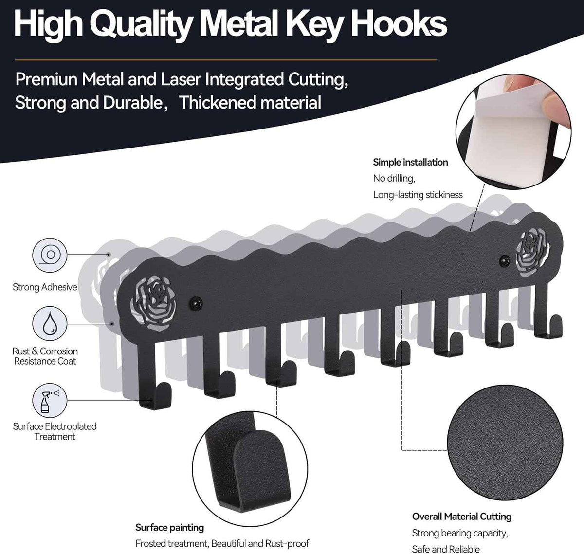 Key Holder Hooks Organizer Hanger Rack Wall Mounted with 8 Hooks, Adhesive Key Holder for Wall, No Drill Modern Key Holder Wall Mount, for Entryway, Kitchen, Hallway, RV Decor （Medium）