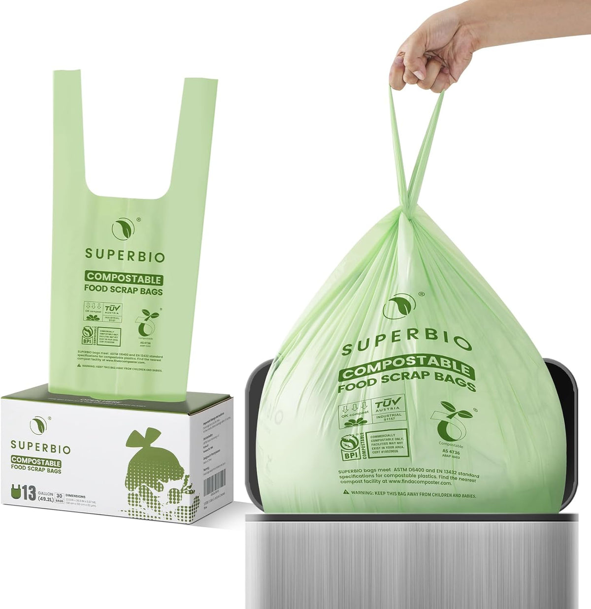 SUPERBIO 13 Gallon Compostable Kitchen Waste Bags with Handles, Food Scrap Bags Certified by BPI, OK compost INDUSTRIAL, 30 Count, 49.2L