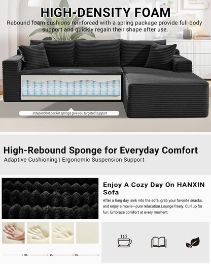 Cloud Sectional Couch,105 Inch Modular Sectional Sofa with Deep Seat,Modern Corduroy Boneless Couches with L-Shape Chaise for Living Room Bedroom,No Assembly Required (Black, Right Facing Chaise)
