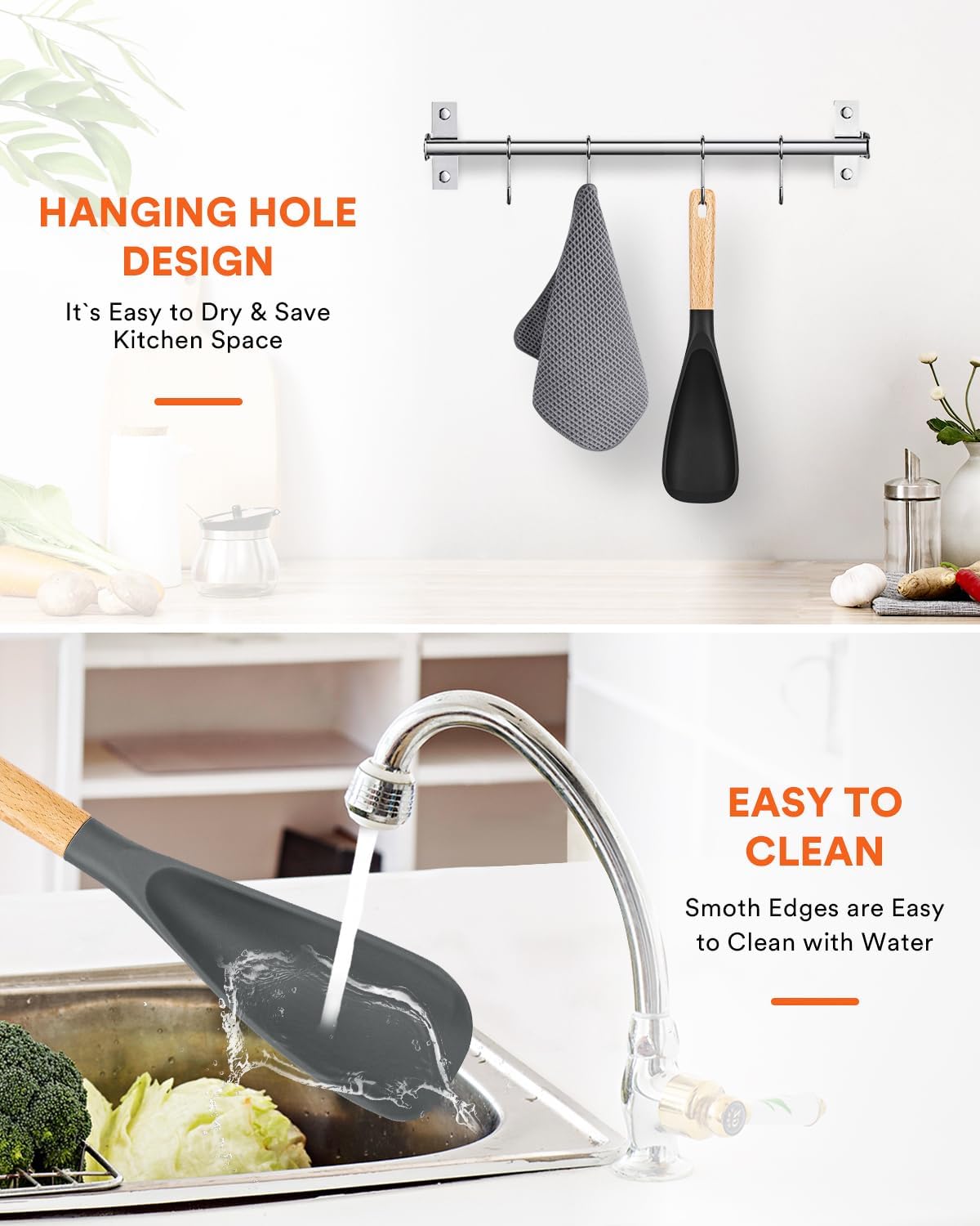 Cooking Spoon for Nonstick Cookwares, Great for Cooking and Serving Sturdy BPA-Free Matte Silicone, Wood Handle Spoon for Mixing, Scoop, and Scrape (Black & Grey, 11.4 inch)