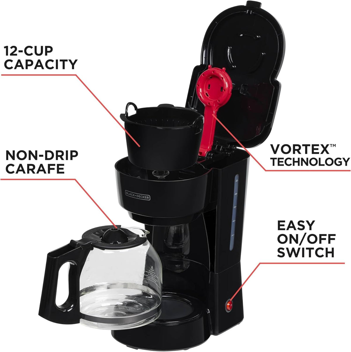 BLACK+DECKER 12-Cup Coffee Maker with Easy On/Off Switch, Easy Pour, Non-Drip Carafe with Removable Filter Basket, Vortex Technology, Black